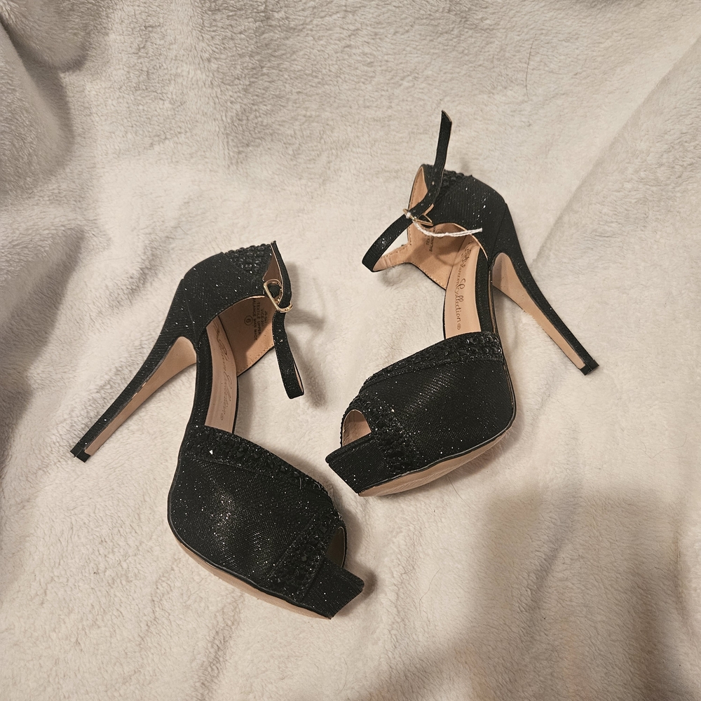 De Blossom Collection Sparkling Black Ankle Strap Heels